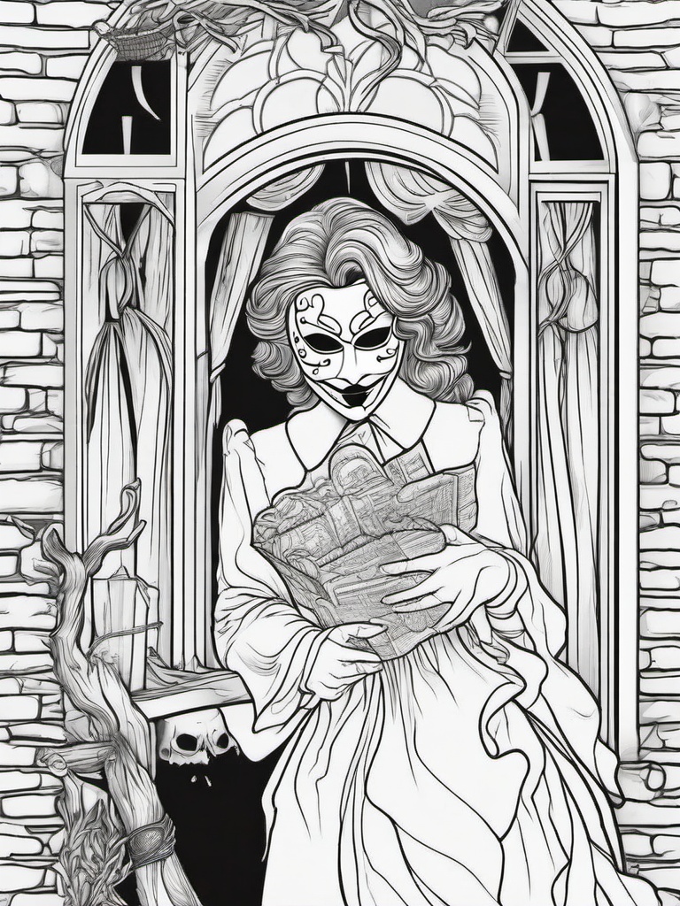 Horror Coloring Pages - Horror movie scene with a haunted mask  simple coloring pages