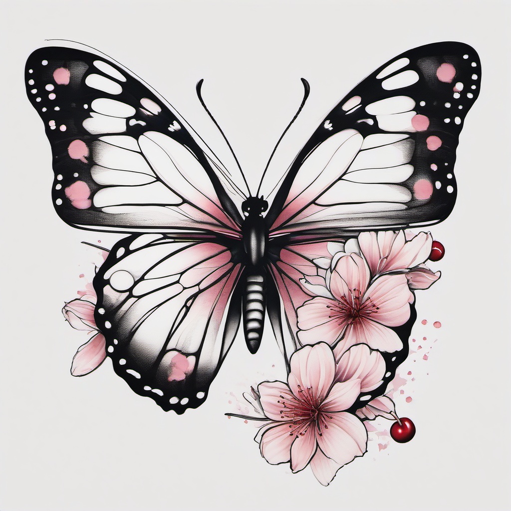 butterfly and cherry blossom tattoo  simple color tattoo,white background,minimal