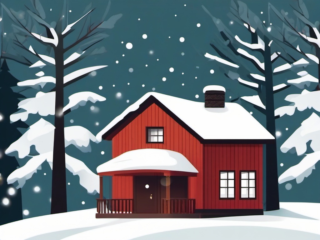 December clipart - cozy cabin in the woods with snow  color,minimalist,vector clipart