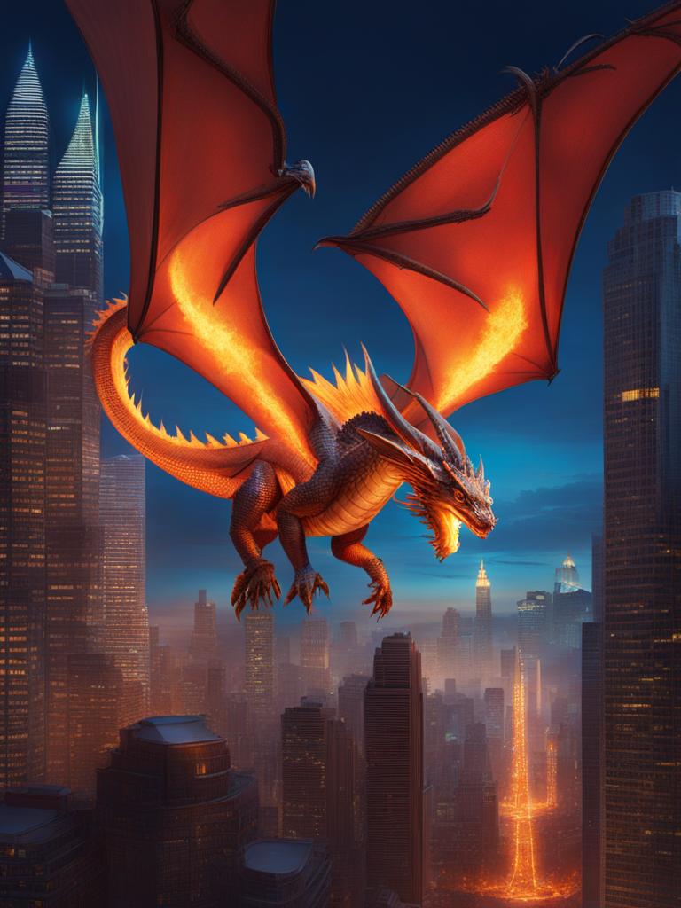 craft a dreamlike cityscape with luminous fire-breathing dragons soaring above the skyscrapers. 