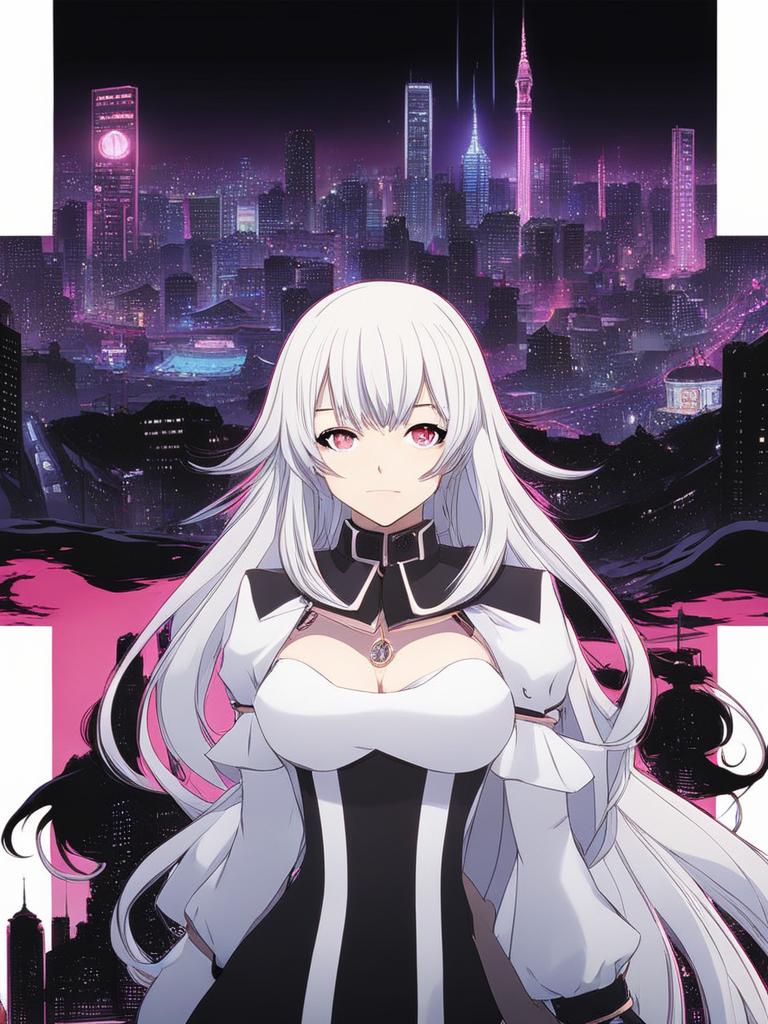 junko enoshima - orchestrates chaos from her throne in a neon-lit dystopian city. 