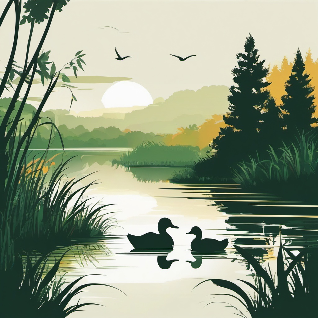 Marshland Ducks clipart - Ducks in a lush marshland by the lake., ,vector color clipart,minimal