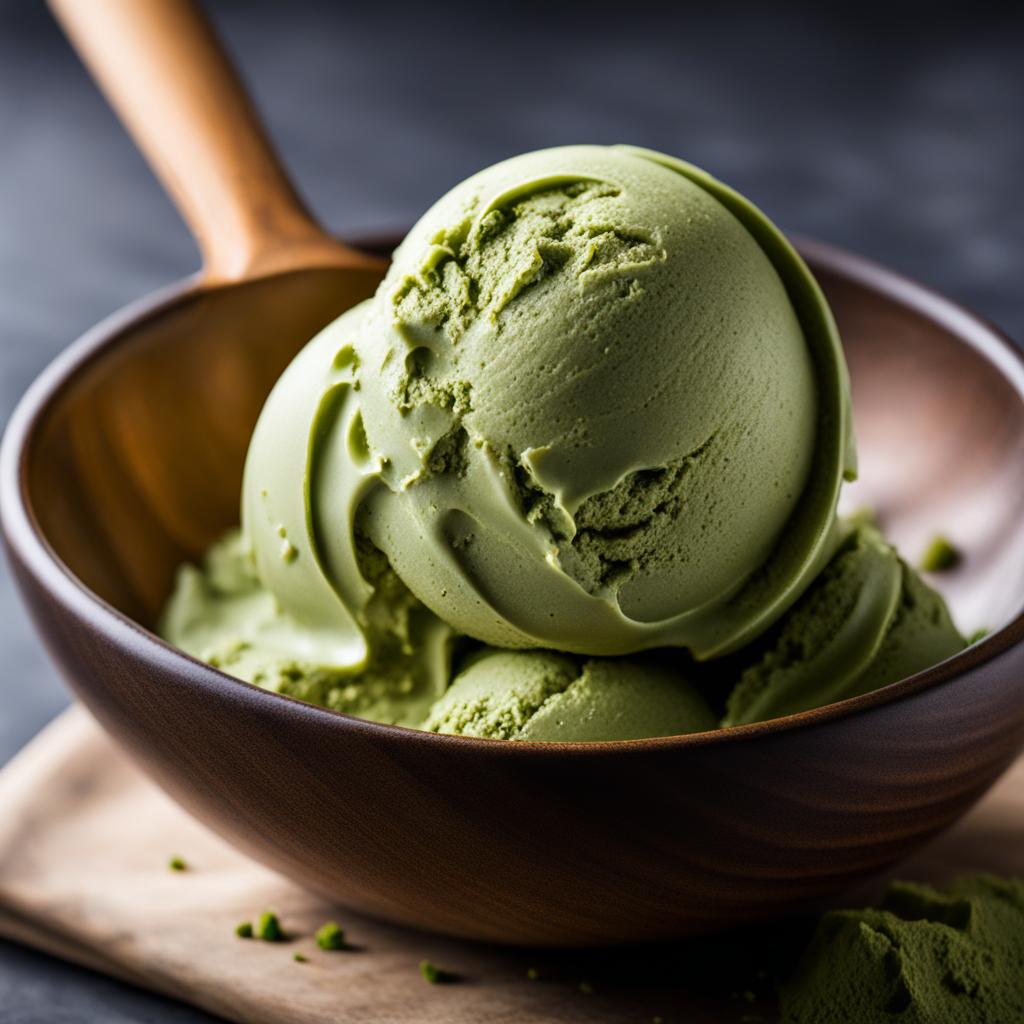 a scoop of velvety matcha green tea ice cream, with a subtle, earthy flavor. 