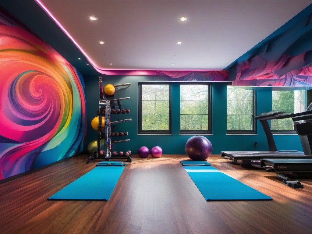 In the gym room, psychedelic interior design includes colorful workout equipment, dynamic wall art, and lively accents that motivate fitness activities and enhance the workout experience.  