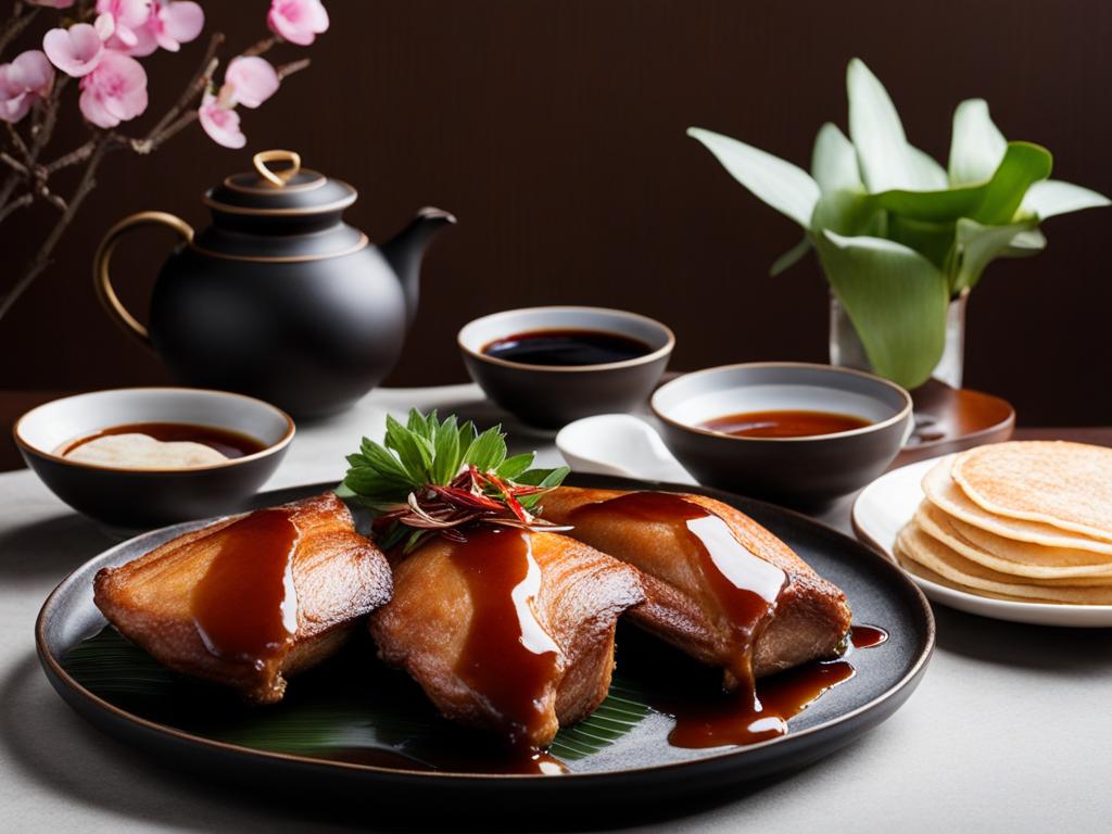 chinese peking duck feast - succulent duck with crispy skin, served with pancakes and hoisin sauce. 