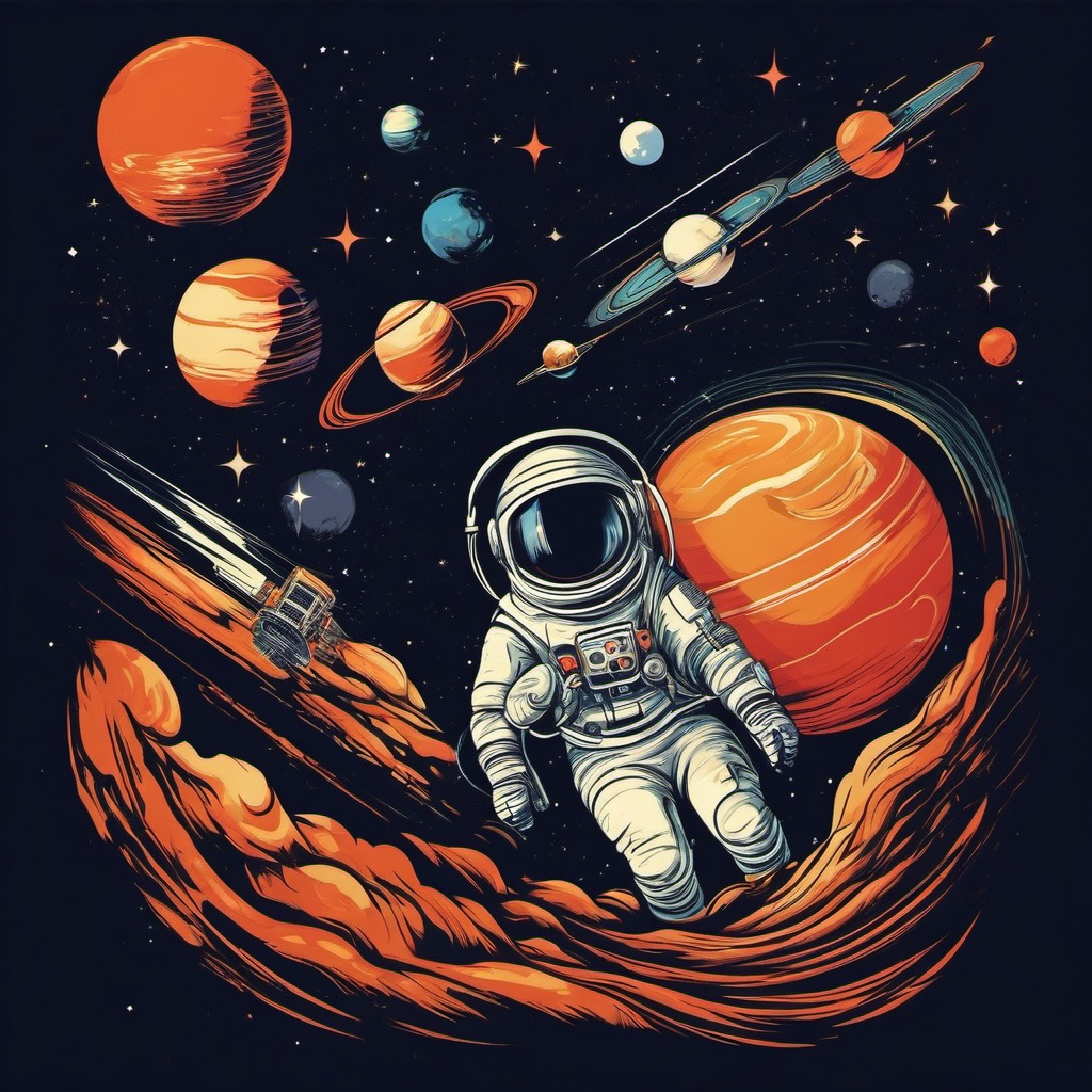 Retro Space Exploration - Design a tee with a nostalgic take on space exploration. , vector art, splash art, retro t shirt design