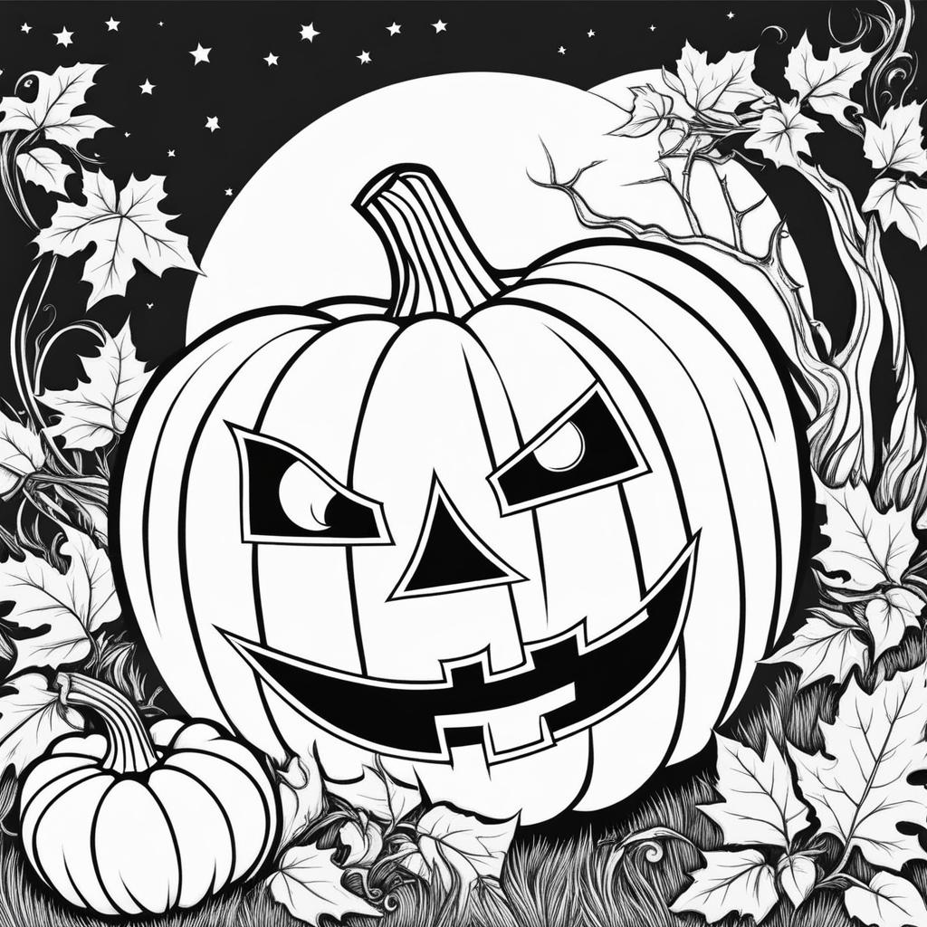 pumpkin coloring pages - a carved pumpkin grins mischievously in the moonlight. 