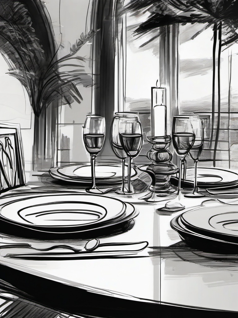 drawing of a romantic dinner setting  minimal rough sketch scribbles,doodles,black and white