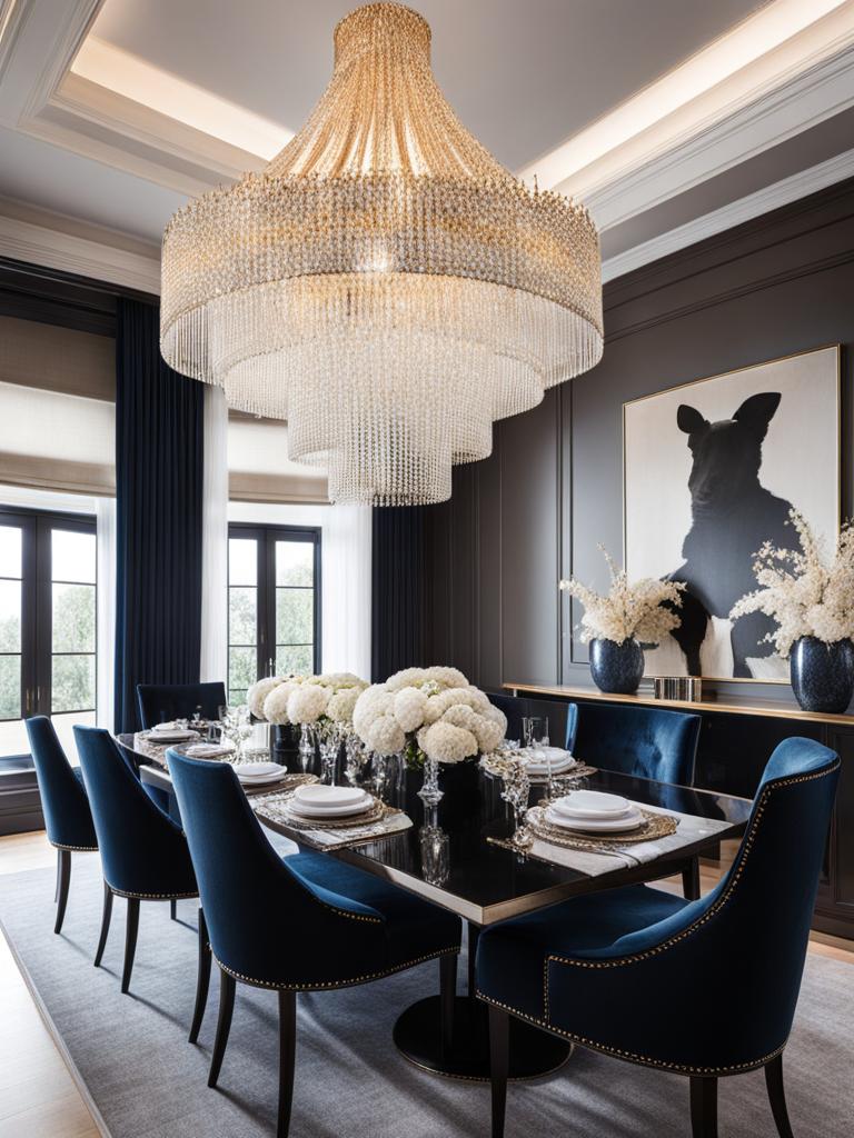 luxurious dining room with a statement chandelier and plush seating. 