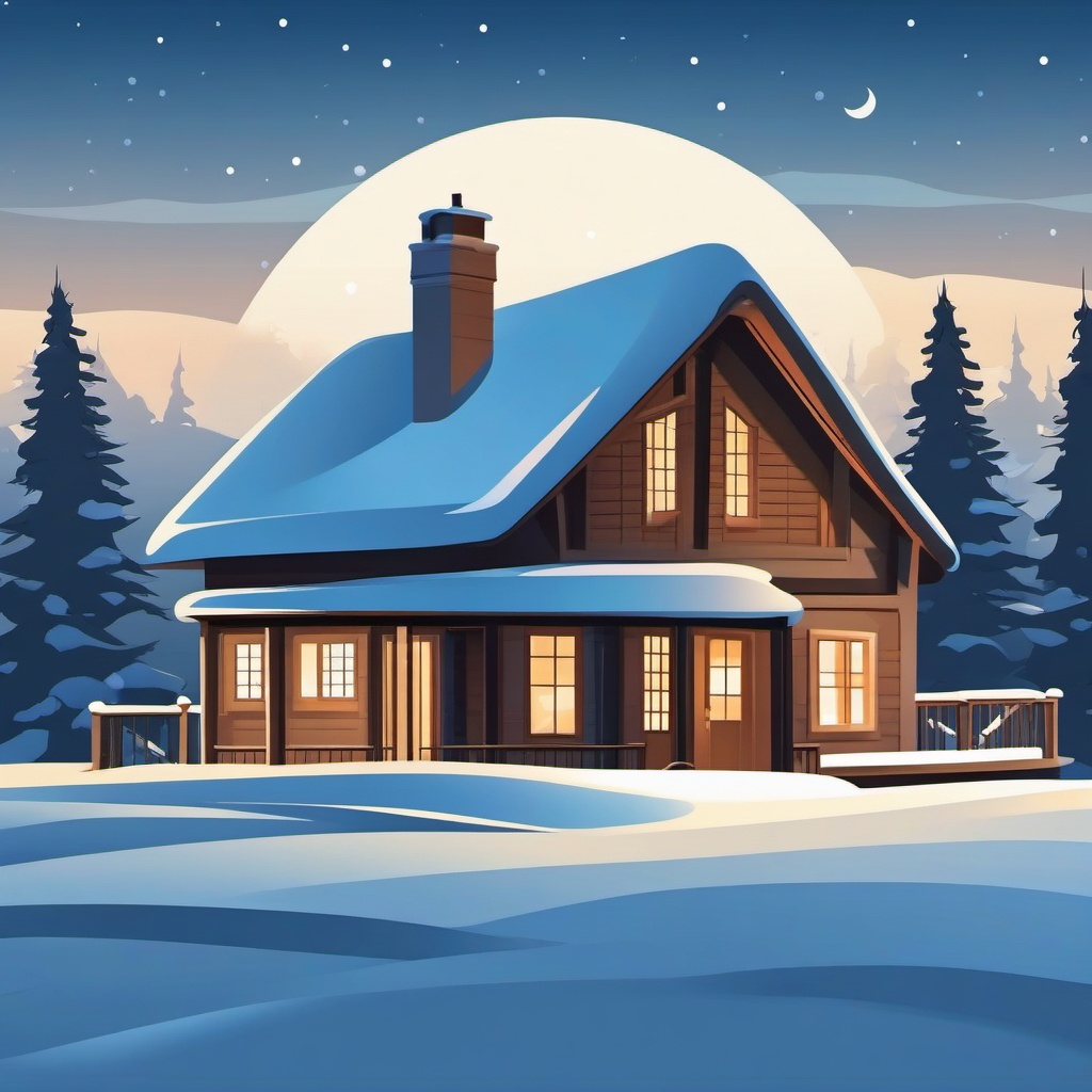 Snowy Cottage clipart - Snow-covered cottage in a serene setting, ,vector color clipart,minimal