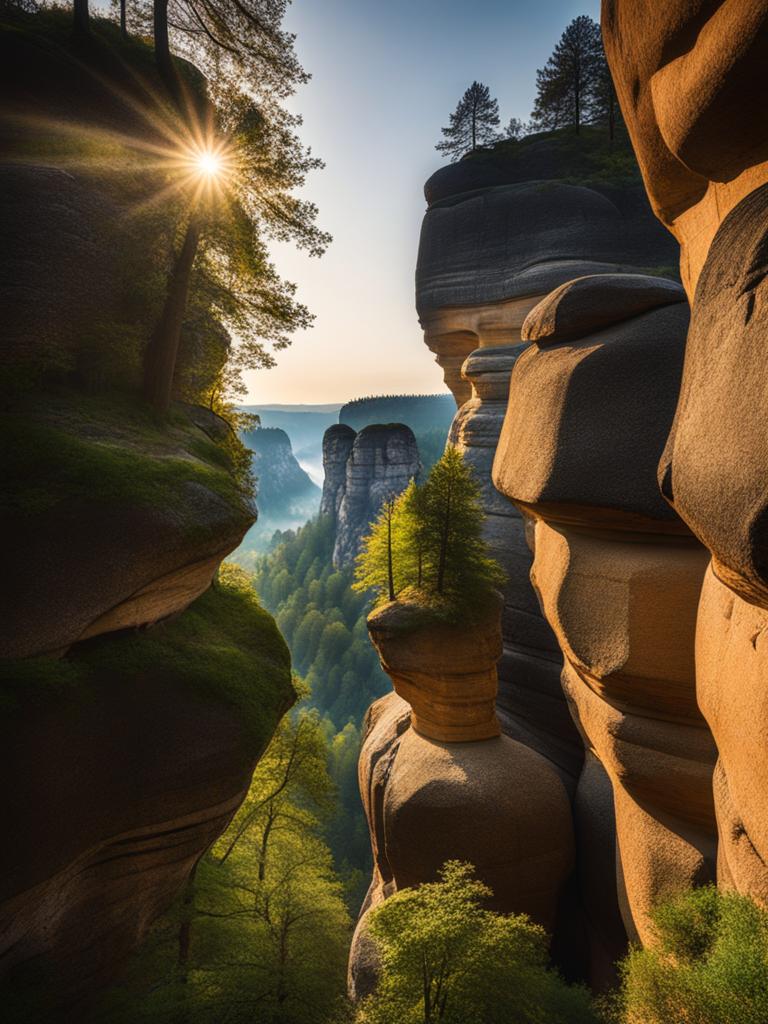 saxon switzerland rock formations - draw the unique rock formations of saxon switzerland, showcasing their rugged beauty amidst a surreal landscape. 