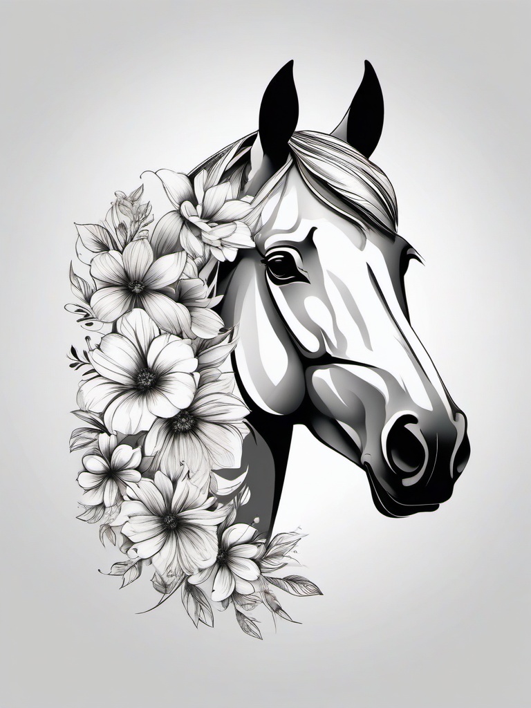 Flower Horse Tattoo - Showcase the natural beauty of horses with a flower horse tattoo, featuring designs that incorporate the grace of horses with the delicate allure of flowers.  simple tattoo,minimalist,white background