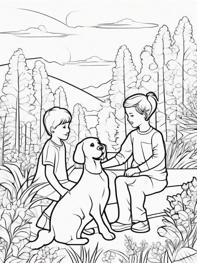 Dog and Children Coloring Pages - Kids Playing with Their Dog  minimal black outline printable sheet, coloring page