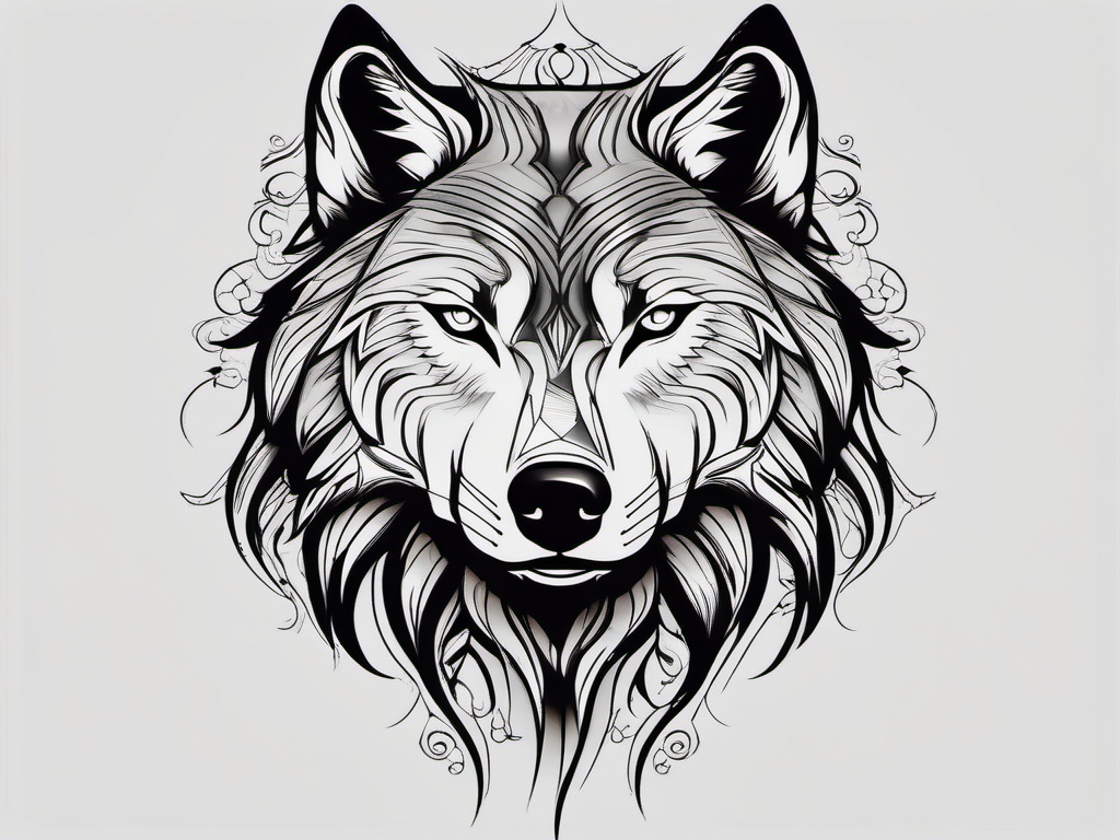 Wolf Tattoo Face,face-focused wolf tattoo, showcasing the strength and mystery in its eyes. , tattoo design, white clean background