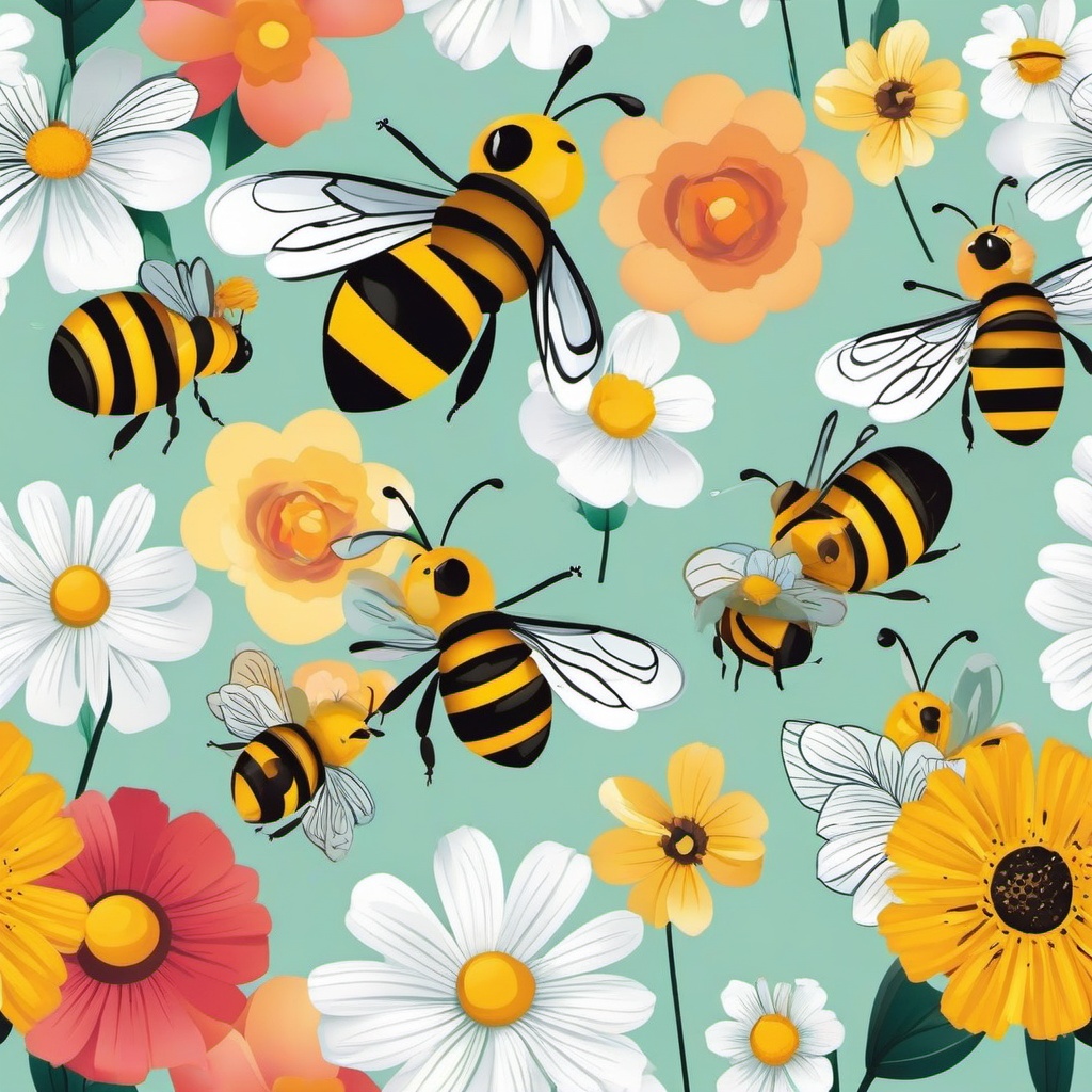 Bee Clipart - Bee collecting nectar from vibrant flowers , minimal, 2d