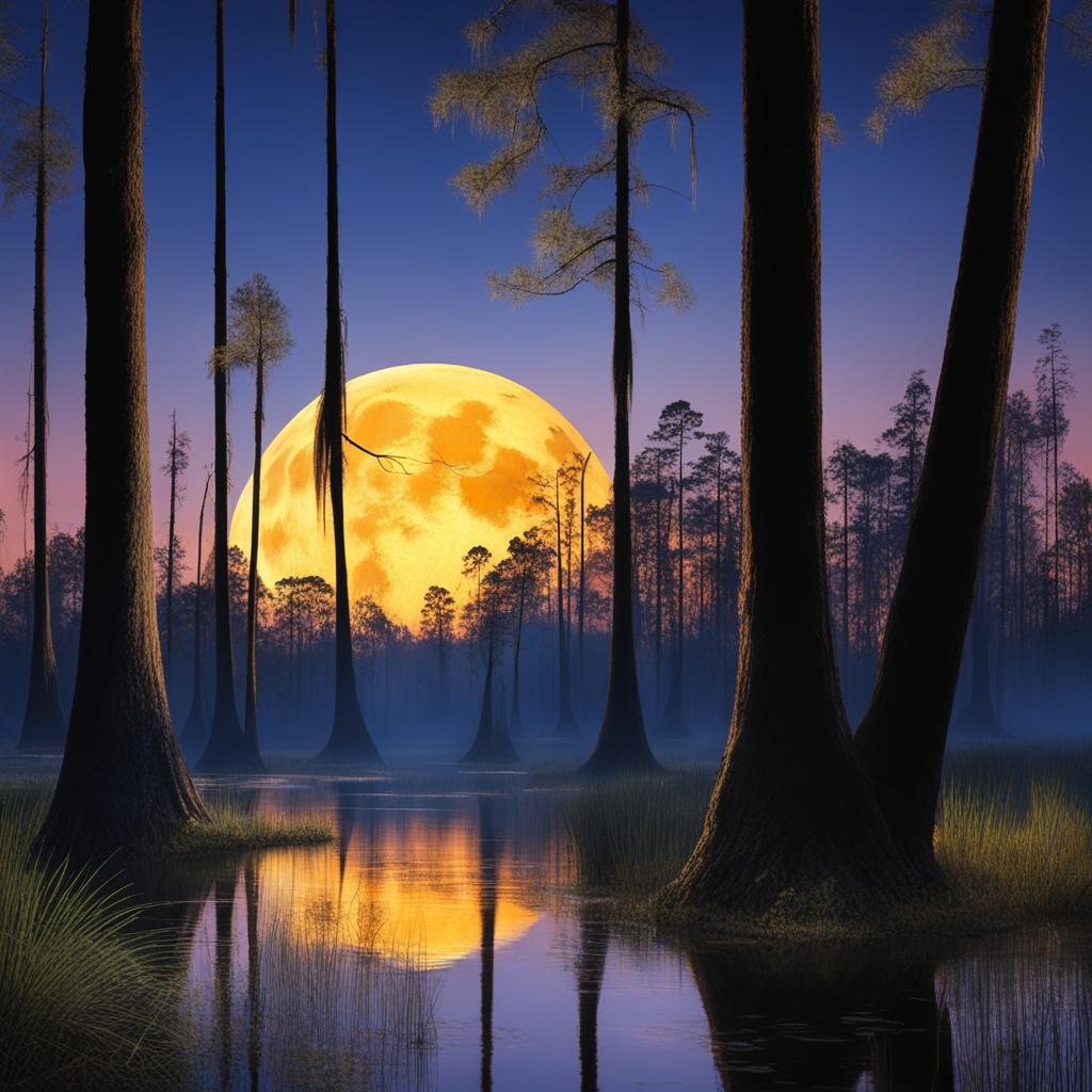 okefenokee swamp - imagine a surreal night in the okefenokee swamp, where cypress trees and spanish moss create a mysterious, moonlit wilderness. 