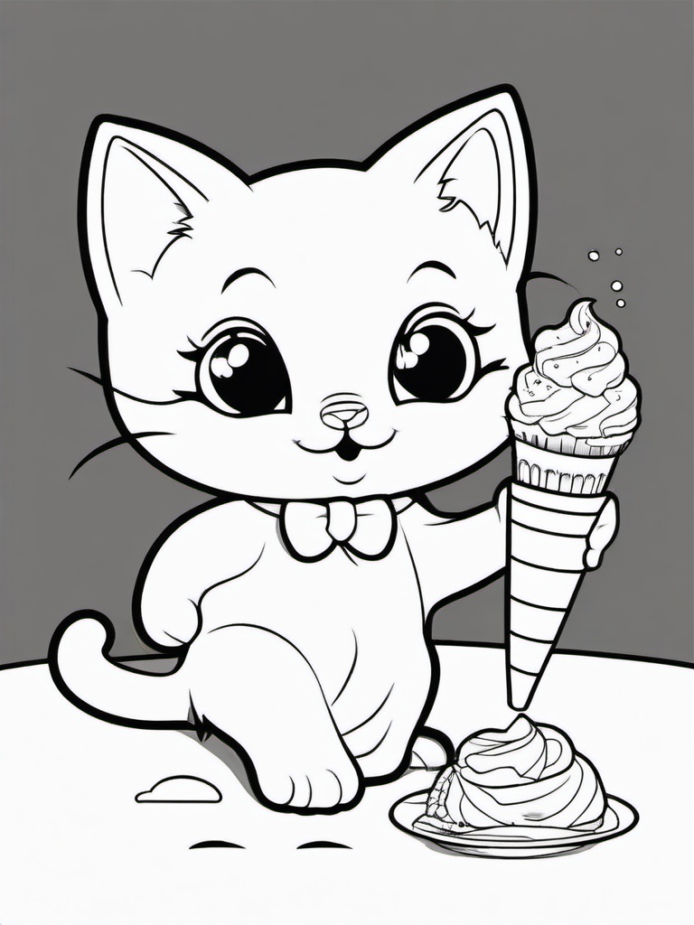 Kitty with Ice Cream Coloring Pages - Playful Kitty Enjoying a Treat  minimal black outline printable sheet, coloring page