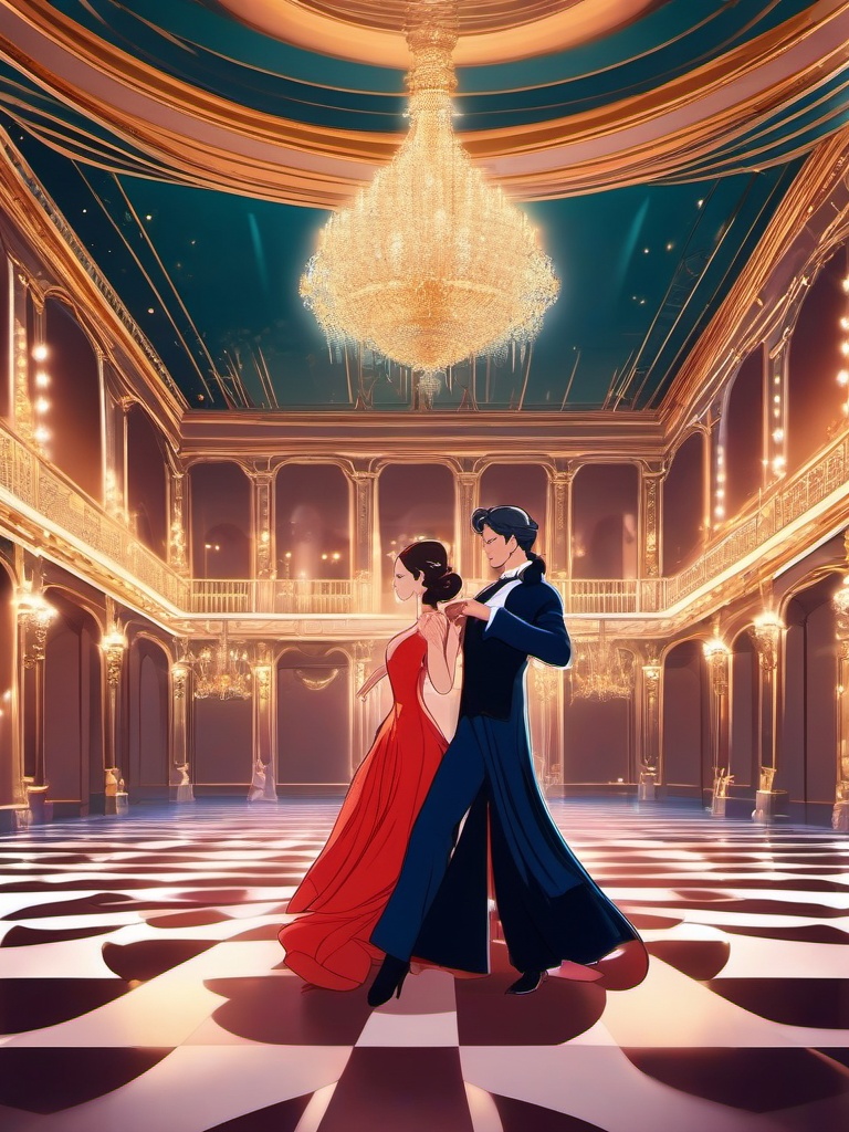 Elegant ballroom dancer and graceful dancer partner, dressed in royal gowns, waltzing gracefully in a splendid palace, as a matching pfp for couples. wide shot, cool anime color style