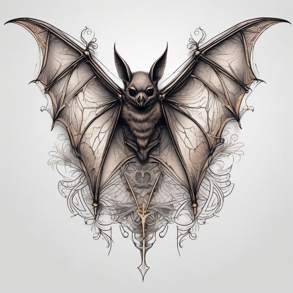 Bat Skeleton Tattoo-Intricate and detailed tattoo design featuring the skeletal structure of a bat.  simple color tattoo,white background