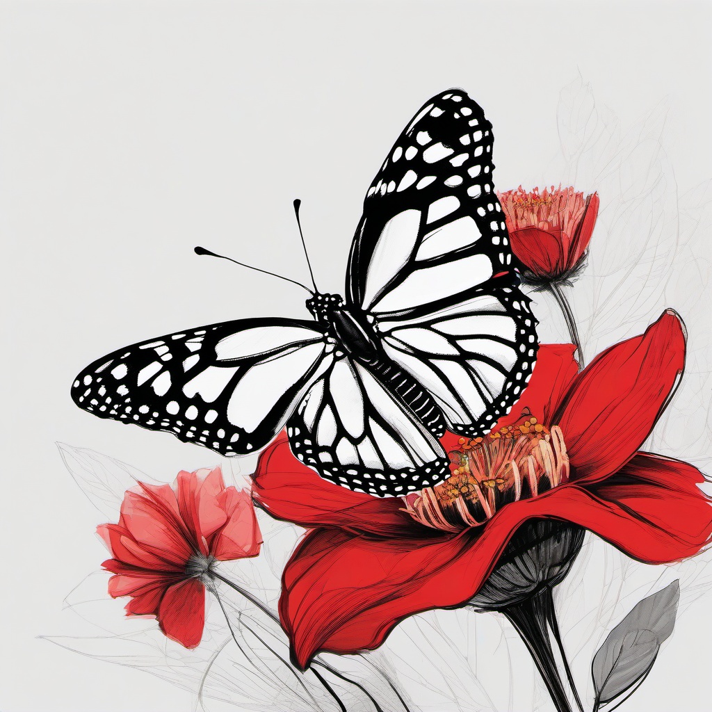 drawing of a monarch butterfly on a red flower  minimal rough sketch scribbles,doodles,black and white