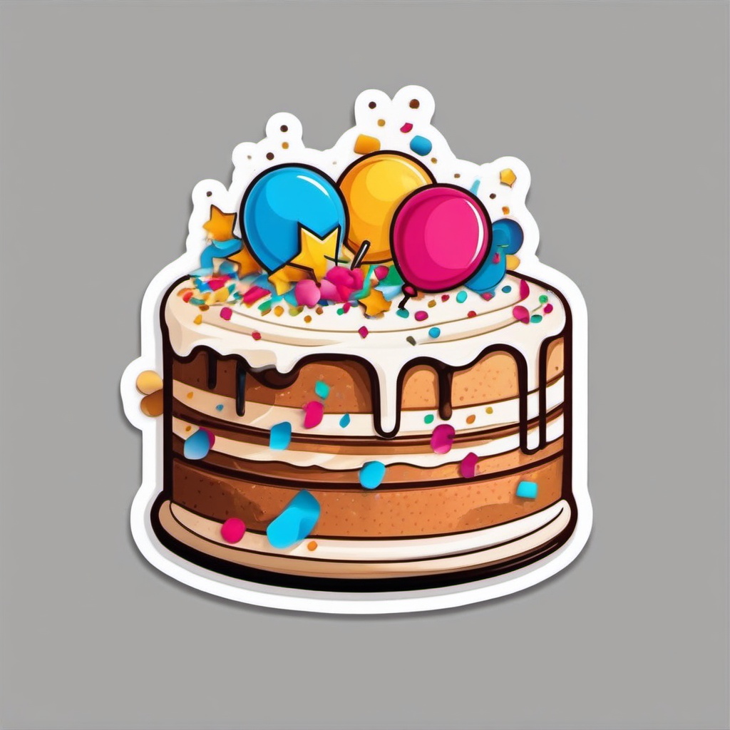 Cake and Confetti Sticker - Celebration cake with confetti, ,vector color sticker art,minimal