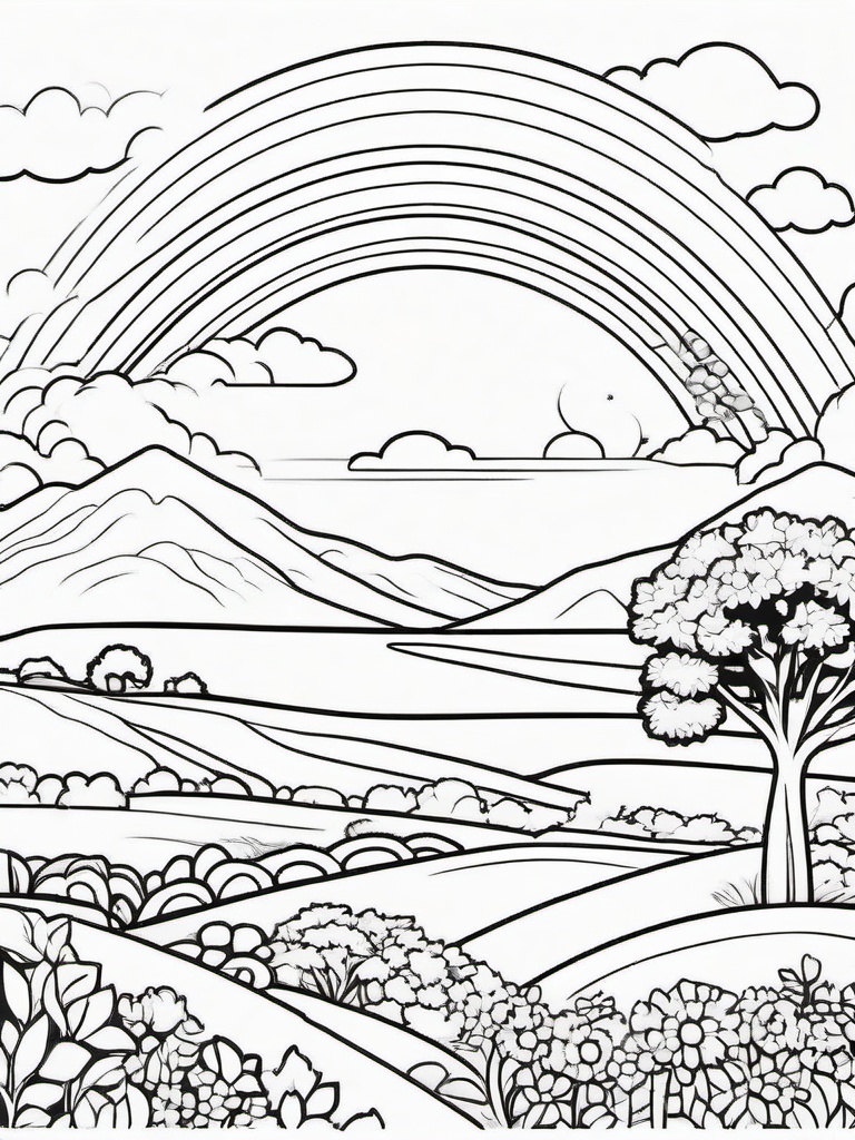 Rainbow Coloring Page - Rainbow over a cheerful, sunny landscape.  easy,simple,minimal,coloring pages,black and white outline