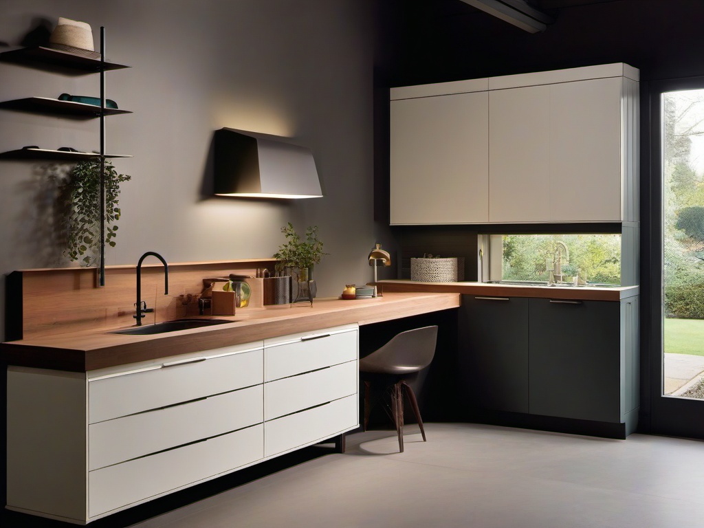 Bauhaus utility room includes clean-lined cabinetry, functional shelving, and practical lighting, emphasizing efficiency and order in everyday tasks.  