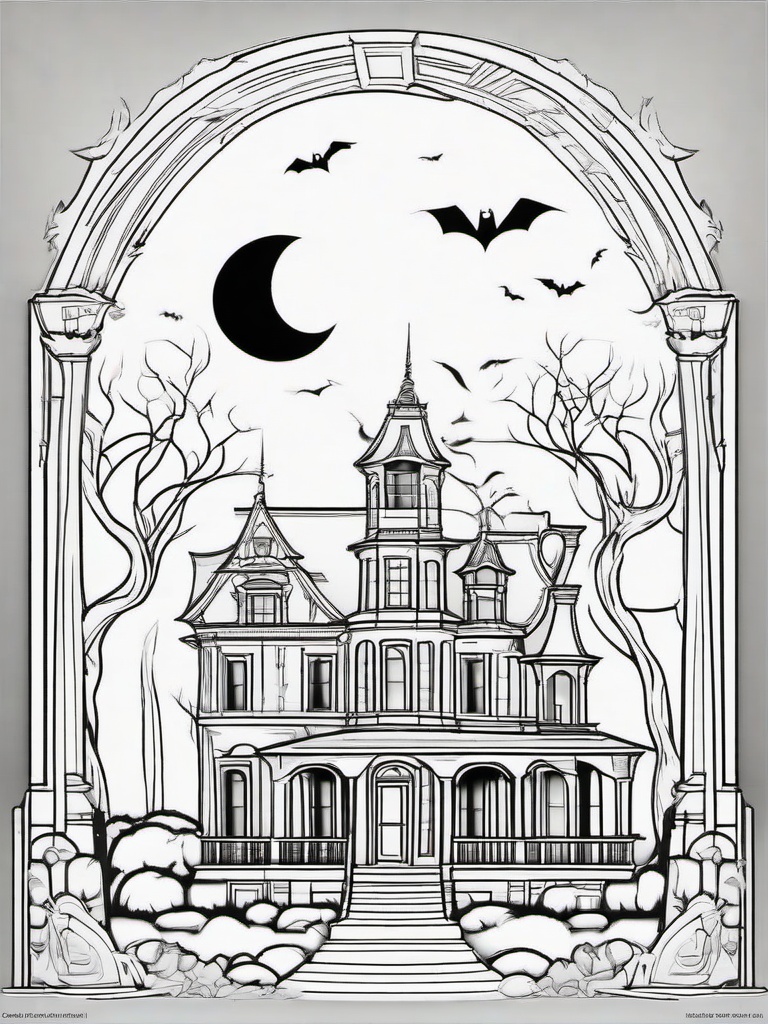 Haunted House Coloring Pages - Spooky Mansion with Ghosts Inside  minimal black outline printable sheet, coloring page