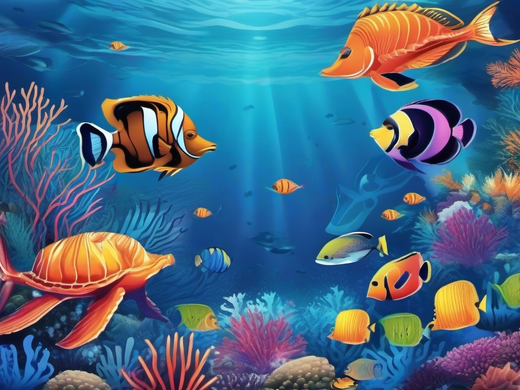 Blue Backgrounds - Underwater Adventure with Colorful Marine Life wallpaper splash art, vibrant colors, intricate patterns