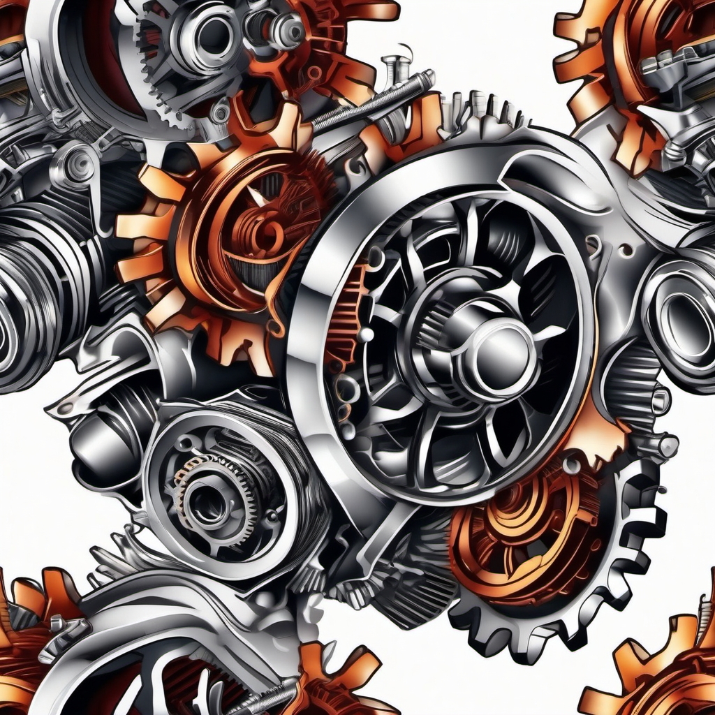 Car engine with gears and pistons tattoo. Precision and mechanical artistry.  color tattoo design, white background