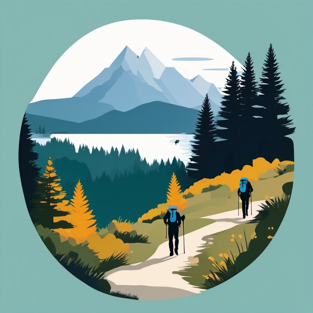 Mountain Hiking clipart - Hikers on a trail near a mountain lake., ,vector color clipart,minimal