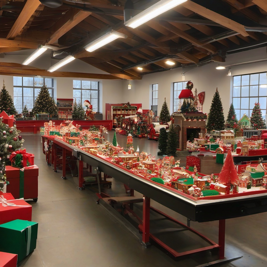 Santa clause workshop with toys on a conveyor belt . Christmas decorations hanging all around and a big Christmas tree to the right side of the workshop 