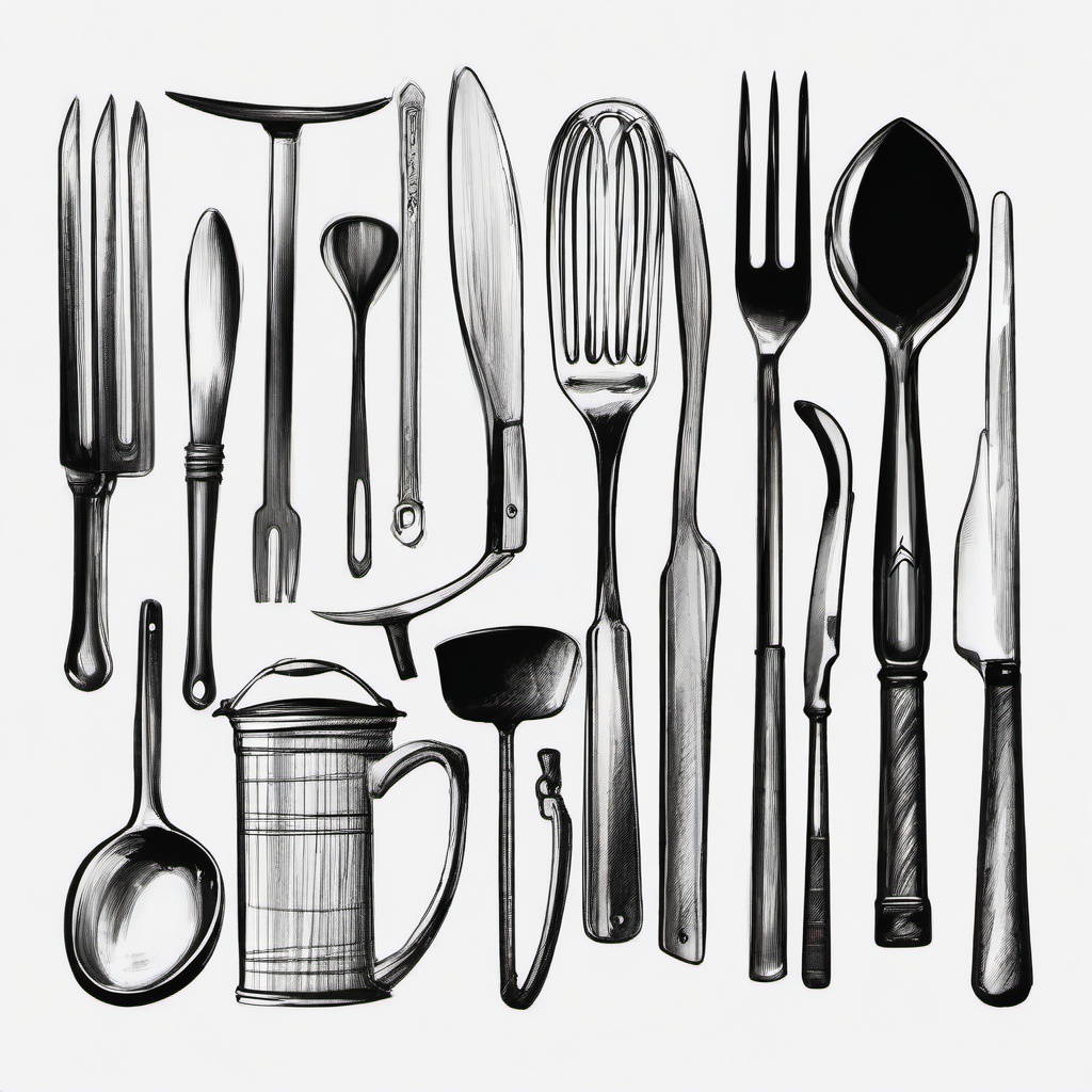 sketch of utensils  minimal rough sketch scribbles,doodles,black and white