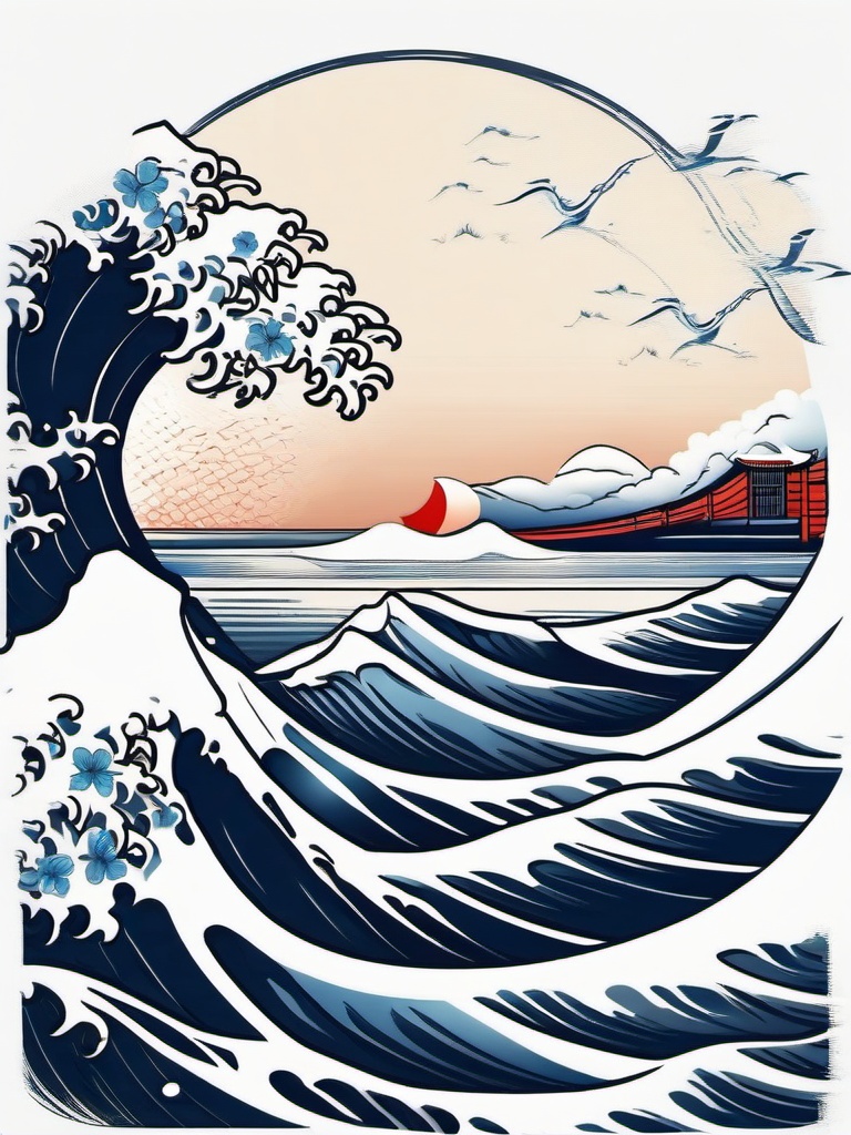 Great Wave of Kanagawa Tattoo - Pay homage to classic art with a tattoo featuring the iconic Great Wave of Kanagawa.  simple vector color tattoo,minimal,white background