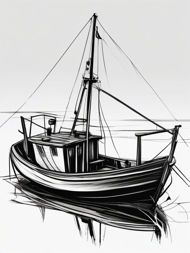 drawing of a fishing boat  minimal rough sketch scribbles,doodles,black and white