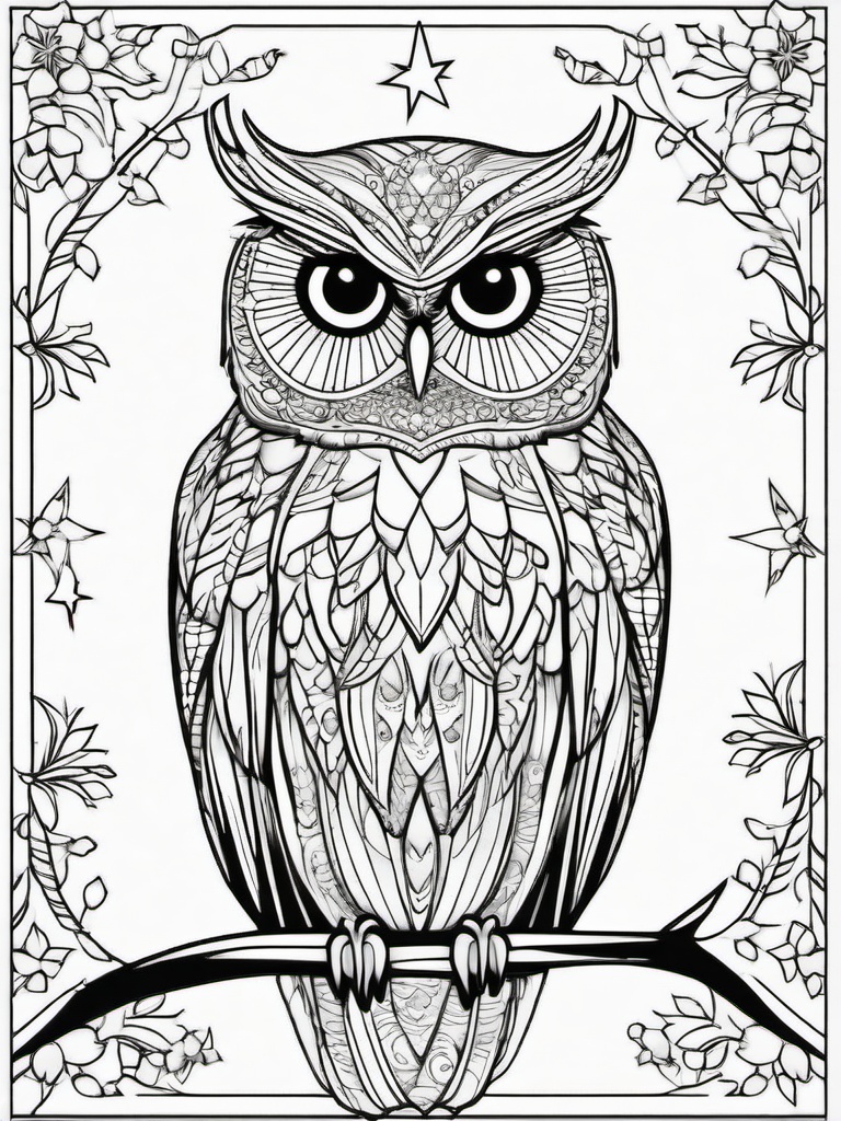 Owl Coloring Pages - Owl with sparkling stars and moonlight  simple coloring pages