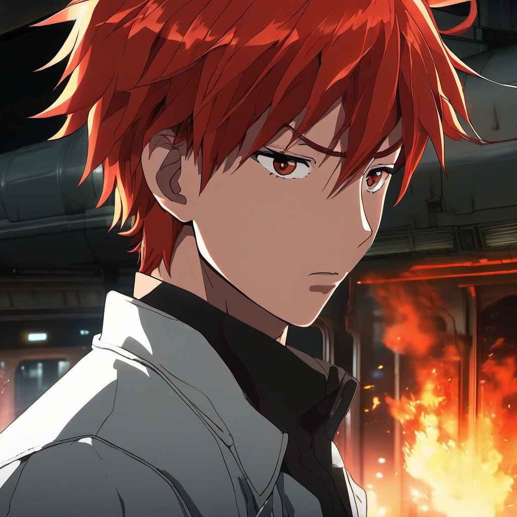 Boy with fiery red hair in a train chase sequence through Neo-Tokyo.  close shot of face, face front facing, profile picture, anime style