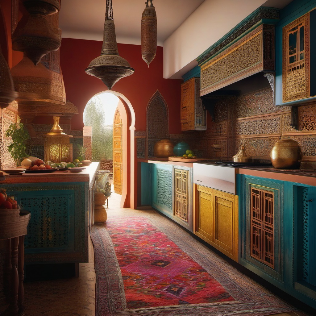 Moroccan Culinary Retreat - Transport your kitchen to the enchanting world of Morocco. , kitchen layout design ideas, multicoloured, photo realistic, hyper detail, high resolution,