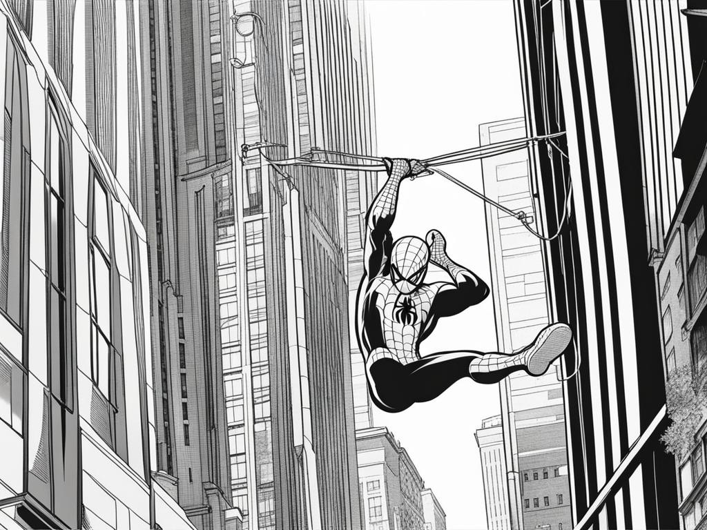 spiderman coloring pages - spider-man swings from building to building in the city. 