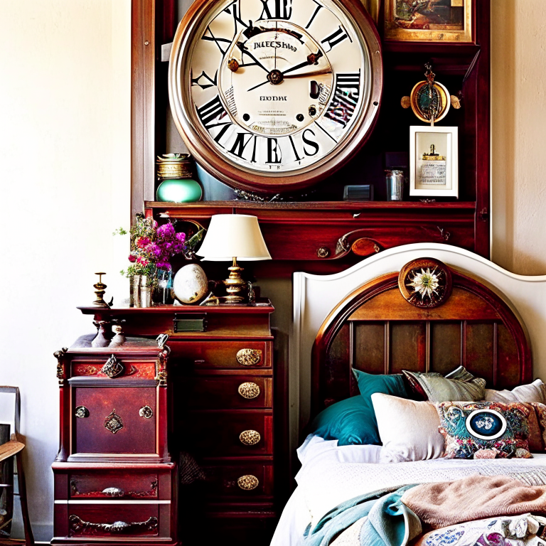 time traveler's bedroom with antique clocks and time portal wall art. 