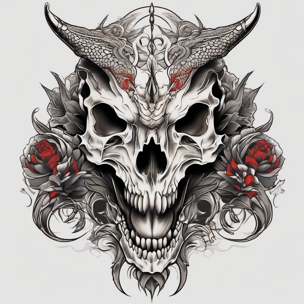 Dragon Skull Tattoo - Tattoos featuring both dragons and skulls, often representing life and death.  simple color tattoo,minimalist,white background