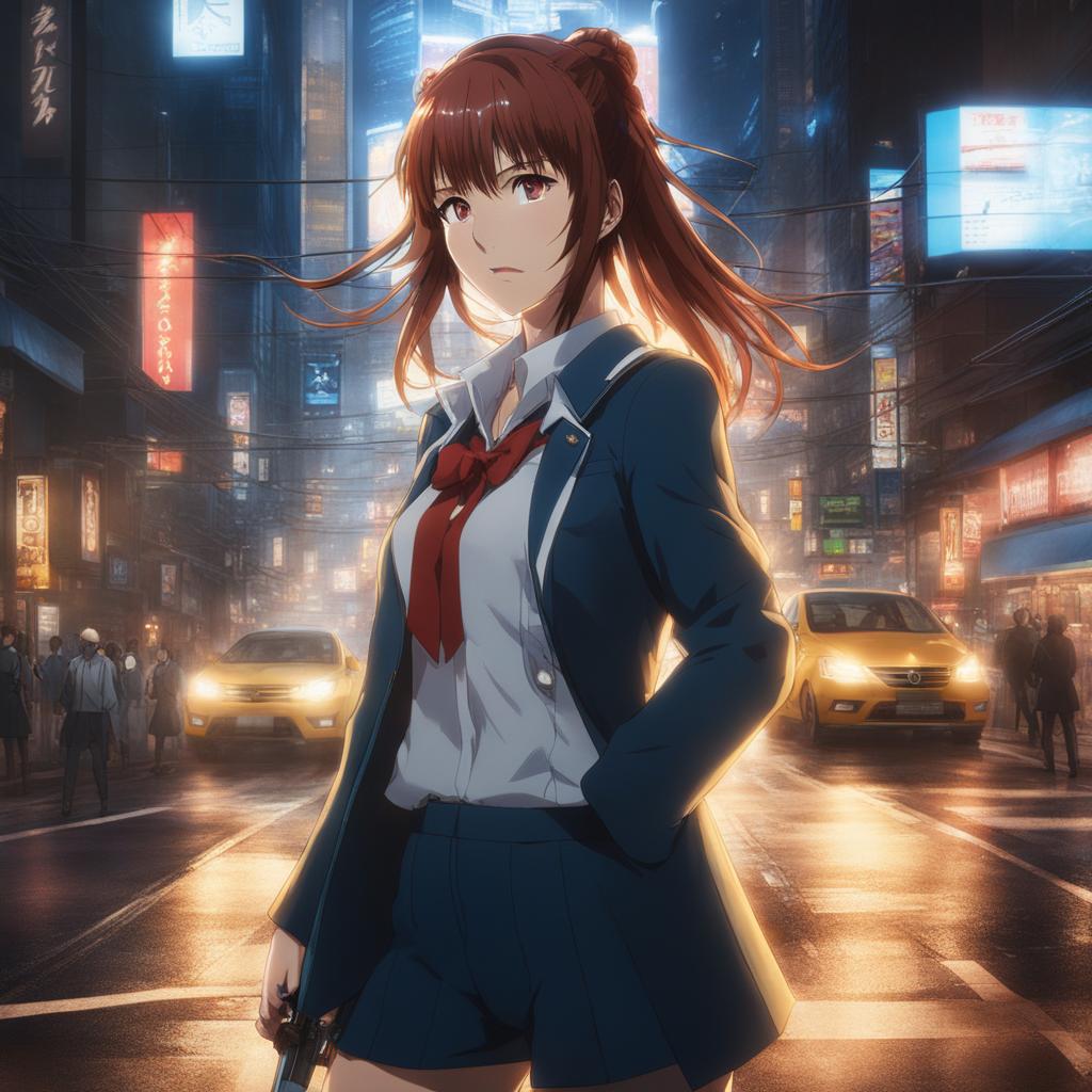 mikoto misaka generates powerful electrical arcs in the bustling streets of academy city. 