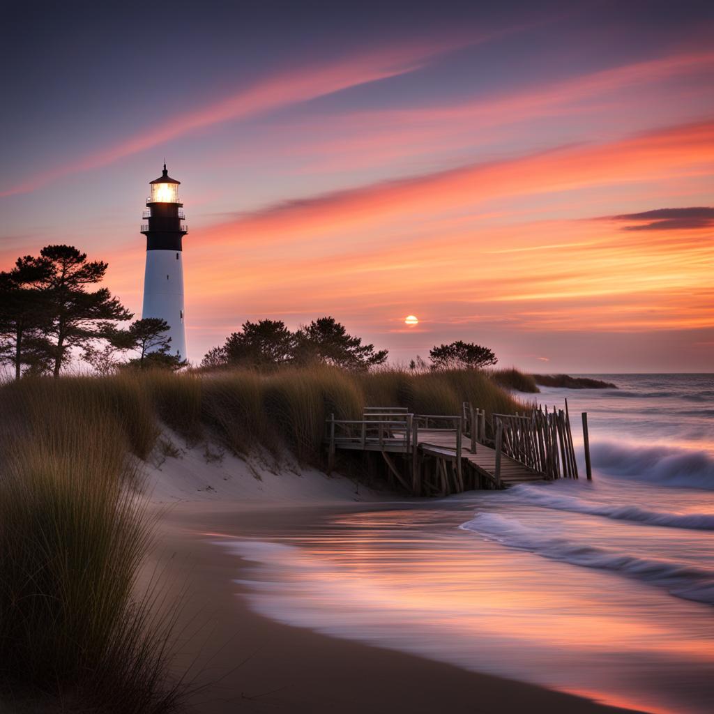 outer banks - illustrate a tranquil night on the outer banks, with its pristine beaches, historic lighthouses, and star-filled skies over the atlantic ocean. 