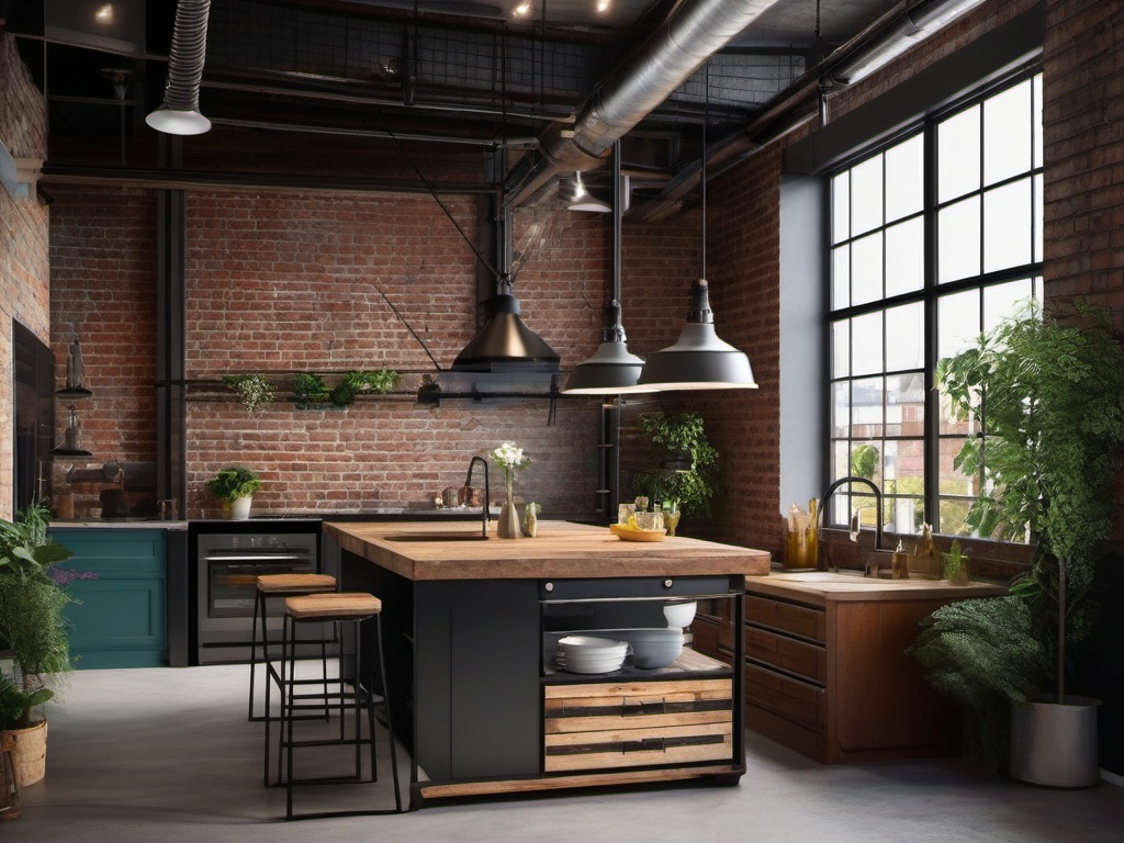 Industrial Loft Vibes - Incorporate industrial elements like exposed brick and metal. , kitchen layout design ideas, multicoloured, photo realistic, hyper detail, high resolution,