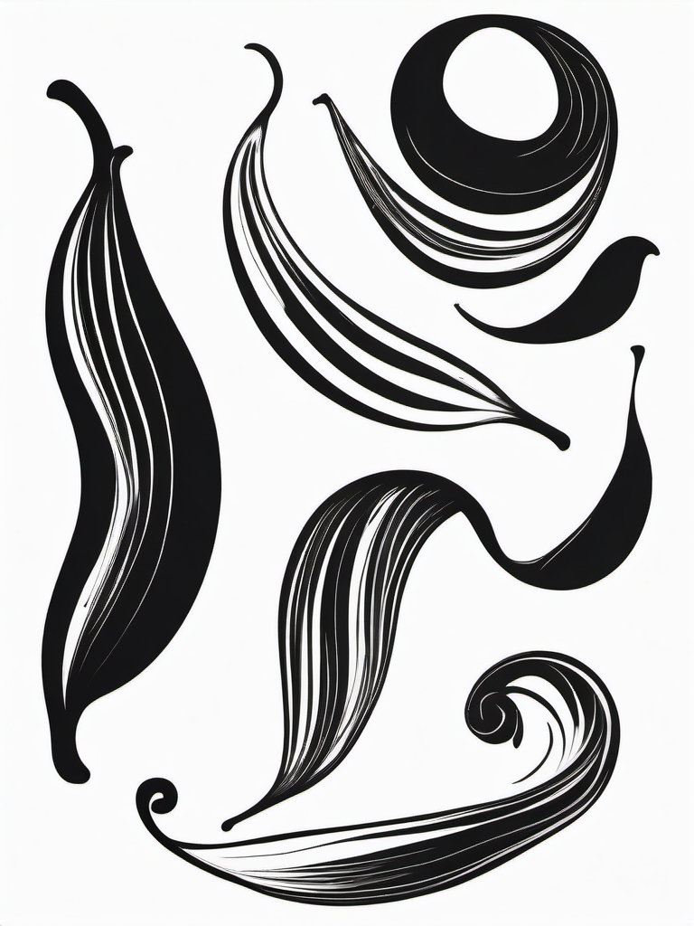 Abstract banana peel swirls ink. Whimsical fruit dance.  black white tattoo style, minimalist design,white background