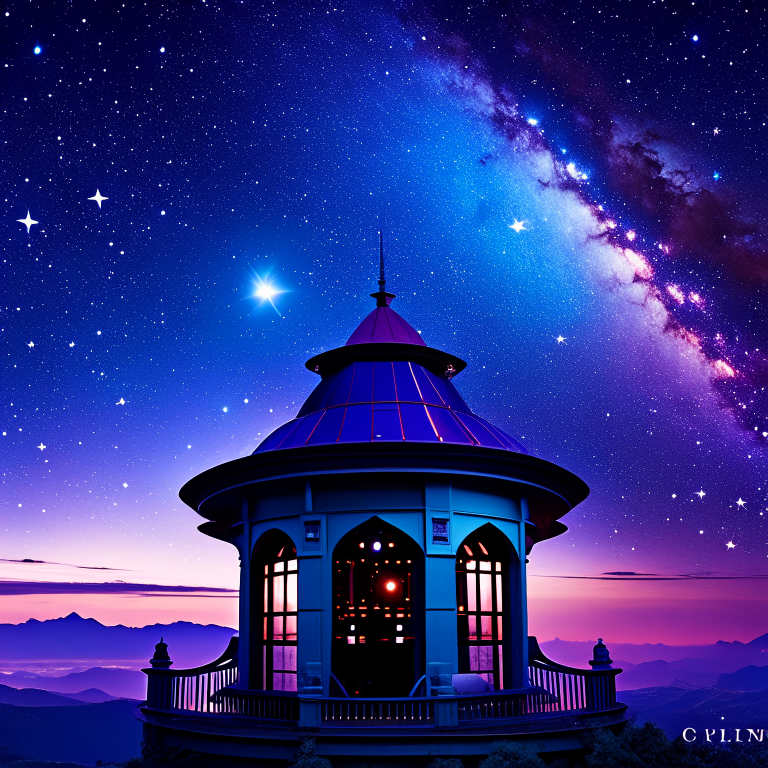 wizard's observatory with telescopes and starry ceiling. 