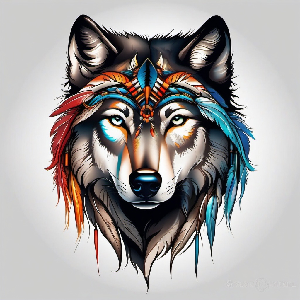 Wolf Tattoo Indian,tattoo celebrating the Native American spirit and the essence of the untamed wolf. , color tattoo design, white clean background