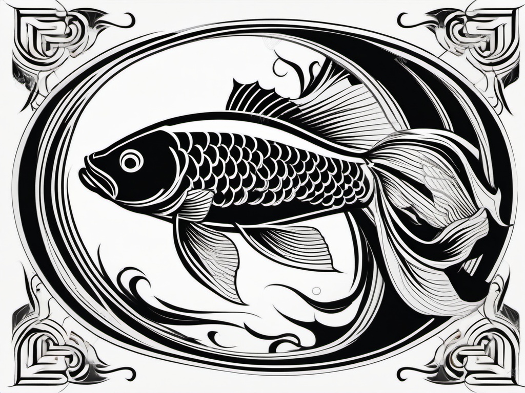 Black and White Coy Fish Tattoo-Elegant and monochromatic tattoo featuring a Koi fish, symbolizing perseverance and strength.  simple color vector tattoo