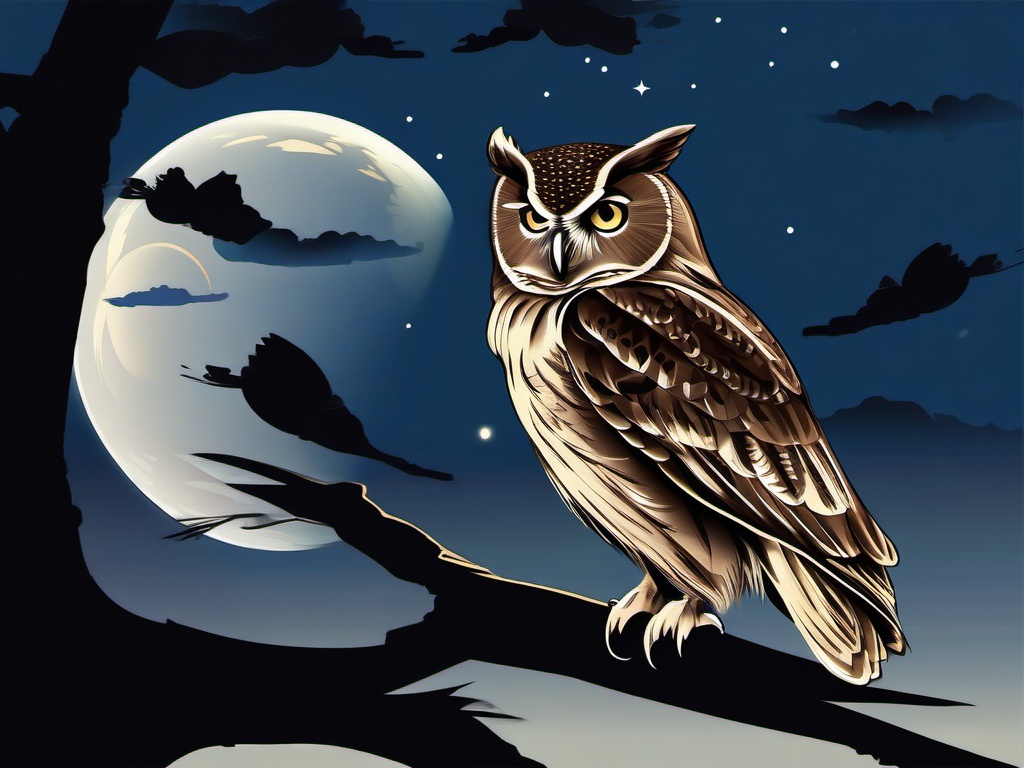 Owl Clipart at Night,Wise owl perched under the moonlight, a tribute to knowledge and intuition. 