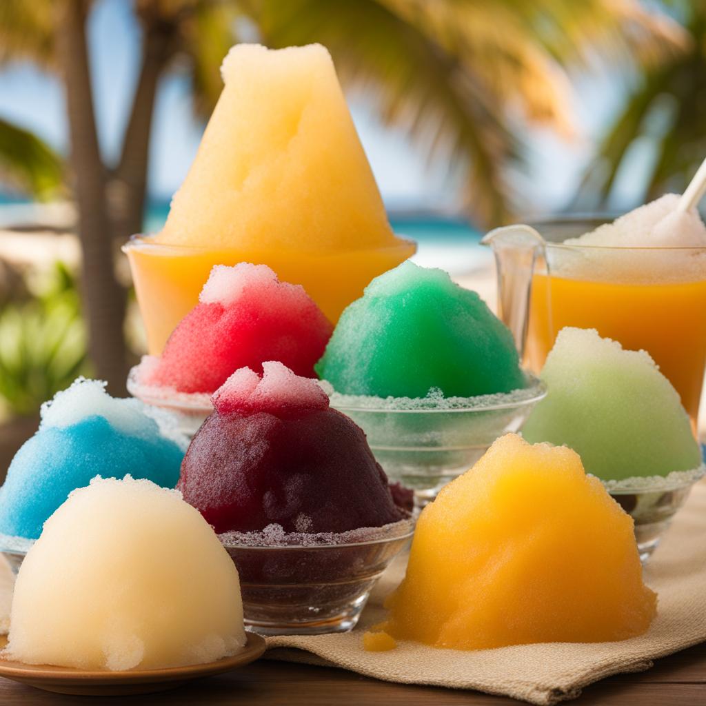 hawaiian shave ice, a frozen treat with flavored syrups and ice shavings. 